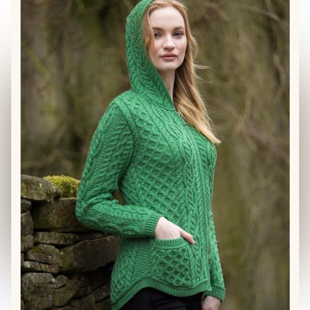 Green Hooded Cable Knit Sweater - Women